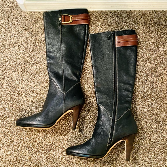 EUC Cole Haan Nike Air Sierra Black Pebbled Leather Tall Heeled Boots - Picture 3 of 17